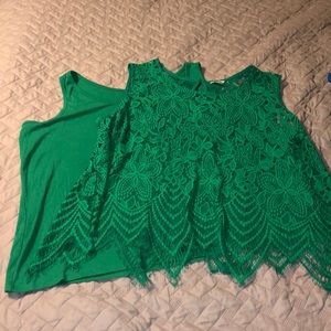 Bright green sleeveless lace top and matching tank